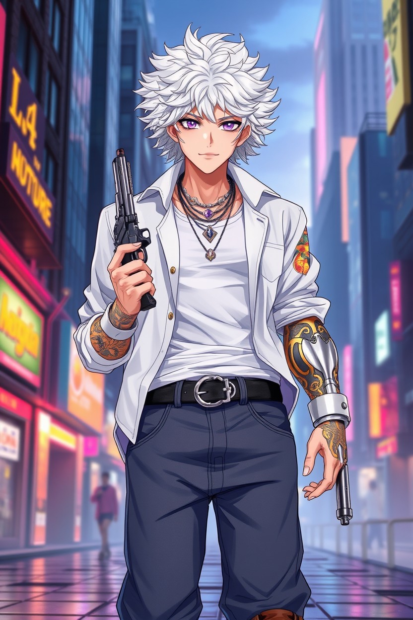 An anime character set in a cyberpunk world, this is a 25-year-old male with fair skin and white hair