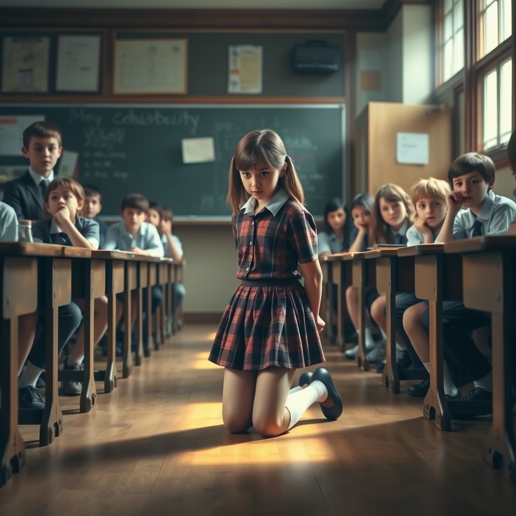 A dramatic classroom scene illustrating the concept of punishment, where a school girl kneels at the front of the classroom, surrounded by her peers