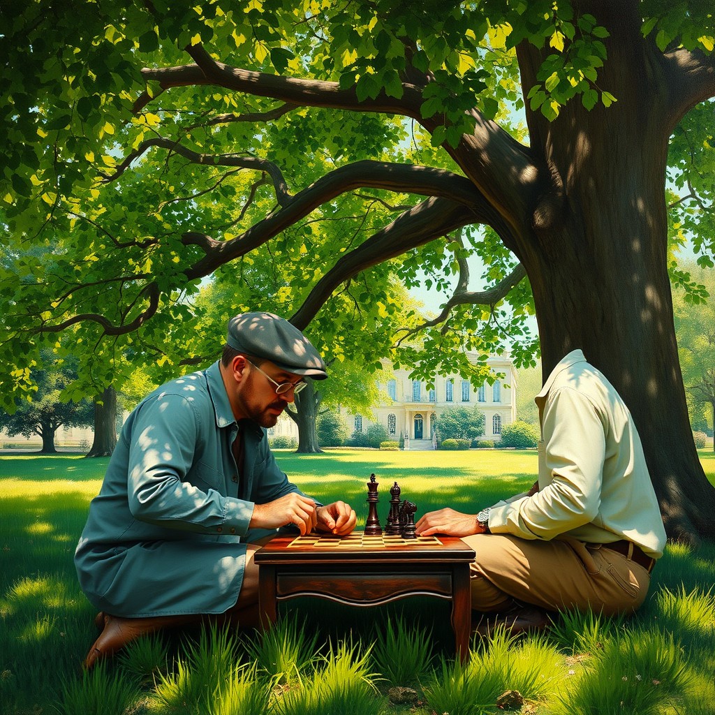 An oil painting depicting two men engrossed in a game of chess under the lush canopy of a large tree