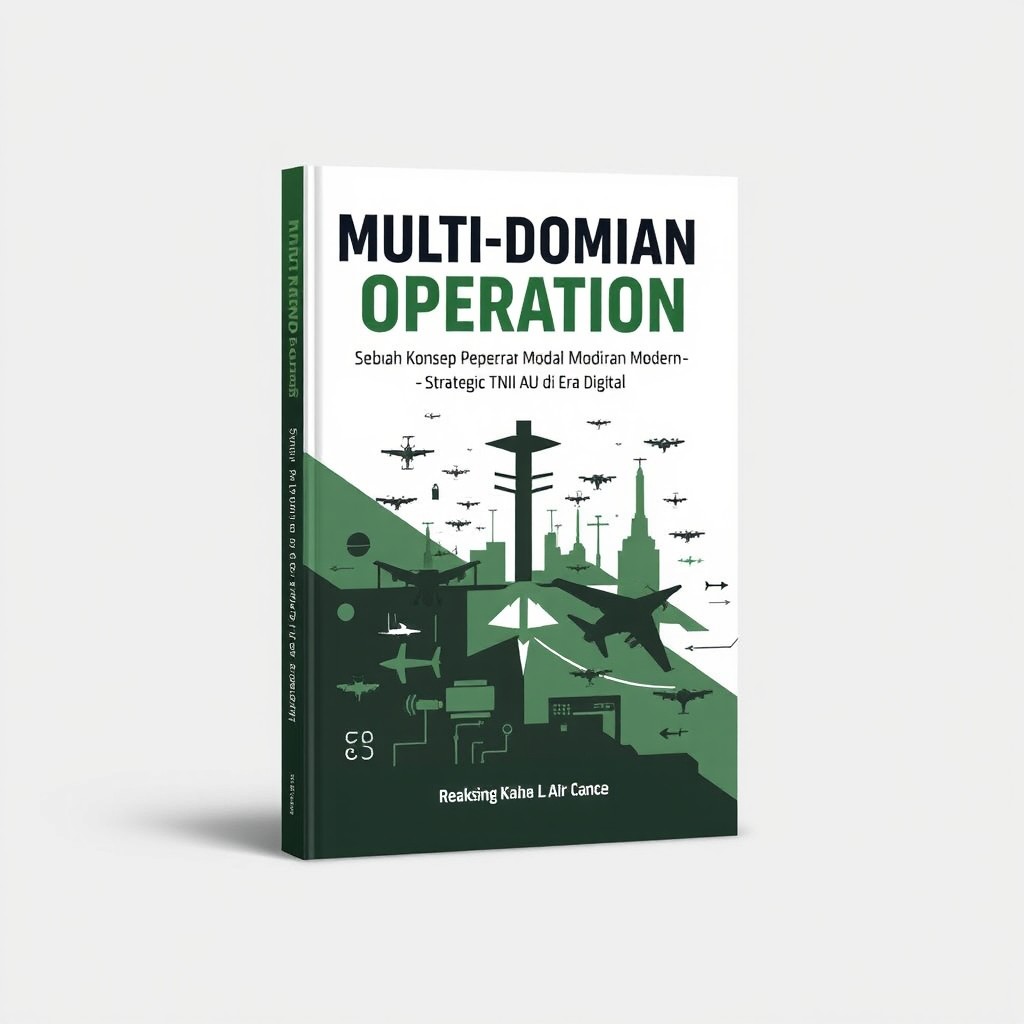 A full-screen display of the book cover titled "Multi Domain Operation: Sebuah Konsep Peperangan Modern – Strategi TNI AU di Era Digital"