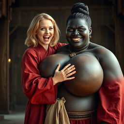 In a medieval hall, a joyful young blonde woman, age 19, with medium-length hair and blue eyes, dressed in an elegant long closed Buddhist robe, is exuberantly shouting