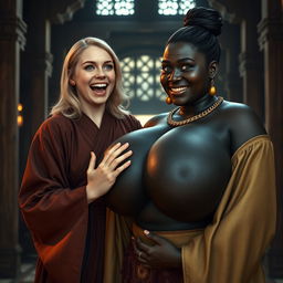 In a medieval hall, a joyful young blonde woman, age 19, with medium-length hair and blue eyes, dressed in an elegant long closed Buddhist robe, is exuberantly shouting