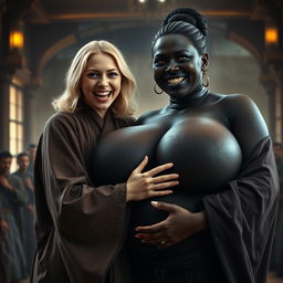 In a medieval hall, a joyful young blonde woman, age 19, with medium-length hair and blue eyes, dressed in an elegant long closed Buddhist robe, is exuberantly shouting