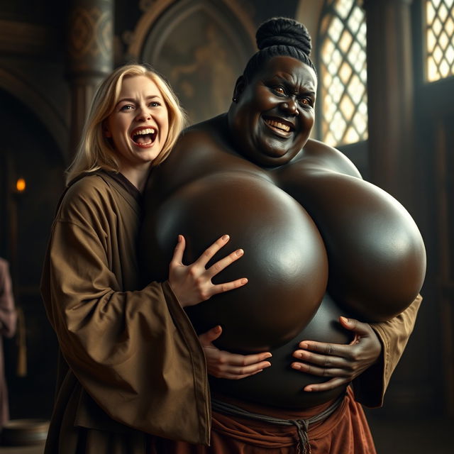 In a medieval hall, a joyful young blonde woman, age 19, with medium-length hair and blue eyes, dressed in an elegant long closed Buddhist robe, is exuberantly shouting