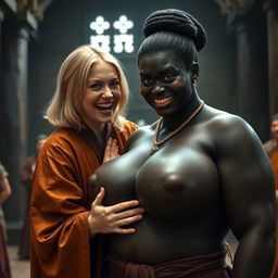 In a medieval hall, a joyful young blonde woman, age 19, with medium-length hair and blue eyes, joyfully shouting while wearing a luxurious long closed Buddhist robe