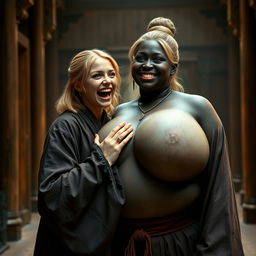 In a medieval hall, a joyful young blonde woman, age 19, with medium-length hair and blue eyes, joyfully shouting while wearing a luxurious long closed Buddhist robe