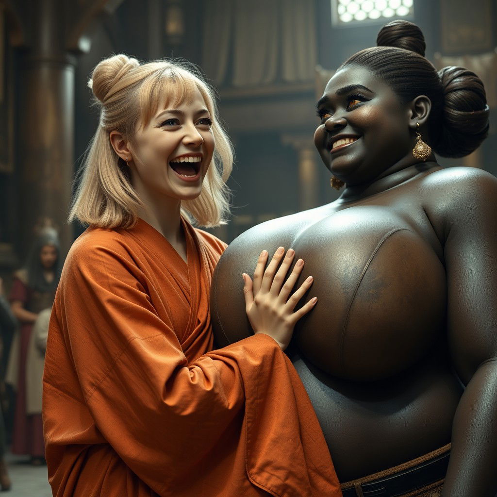 In a medieval hall, a joyful young blonde woman, age 19, with medium-length hair and bright blue eyes, wearing a luxurious long closed Buddhist robe, is joyfully shouting