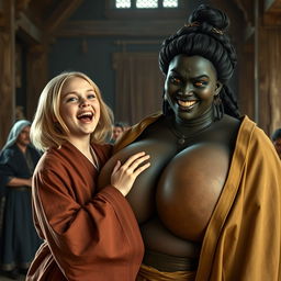 In a medieval hall, a joyful young blonde woman, age 19, with medium-length hair and bright blue eyes, wearing a luxurious long closed Buddhist robe, is joyfully shouting