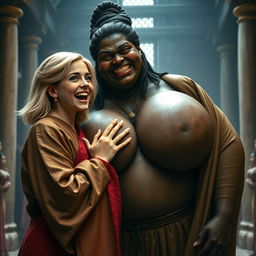 In a medieval hall, a joyful young blonde woman, age 19, with medium-length hair and bright blue eyes, wearing a luxurious long closed Buddhist robe, is joyfully shouting