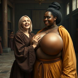 In a medieval hall, a joyful young blonde woman, age 19, with medium-length hair and bright blue eyes, wearing a luxurious long closed Buddhist robe, is joyfully shouting