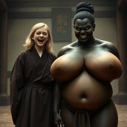 In a medieval hall setting, a joyful 19-year-old slender blonde girl with blue eyes and medium-length hair is energetically shouting