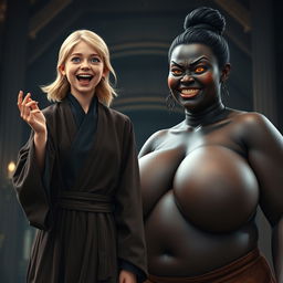 In a medieval hall setting, a joyful 19-year-old slender blonde girl with blue eyes and medium-length hair is energetically shouting