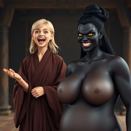 In a medieval hall setting, a joyful 19-year-old slender blonde girl with blue eyes and medium-length hair is energetically shouting