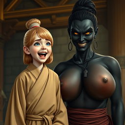 In a medieval hall setting, a joyful 19-year-old slender blonde girl with blue eyes and medium-length hair is energetically shouting