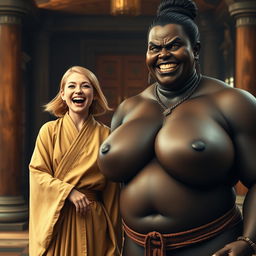 In a medieval hall setting, a joyful 19-year-old slender blonde girl with blue eyes and medium-length hair is exuberantly shouting