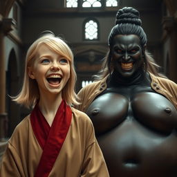 In a medieval hall setting, a joyful 19-year-old slender blonde girl with blue eyes and medium-length hair is exuberantly shouting