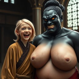 In a medieval hall setting, a joyful 19-year-old slender blonde girl with blue eyes and medium-length hair is exuberantly shouting