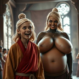 In a medieval hall setting, a joyful 19-year-old slender blonde girl with blue eyes and medium-length hair is exuberantly shouting