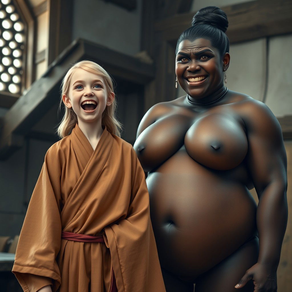 In a medieval room setting, a joyful 19-year-old slender blonde girl with blue eyes and medium-length hair is exuberantly shouting