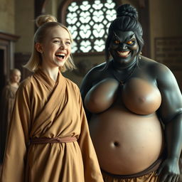 In a medieval room setting, a joyful 19-year-old slender blonde girl with blue eyes and medium-length hair is exuberantly shouting