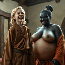 In a medieval room setting, a joyful 19-year-old slender blonde girl with blue eyes and medium-length hair is exuberantly shouting