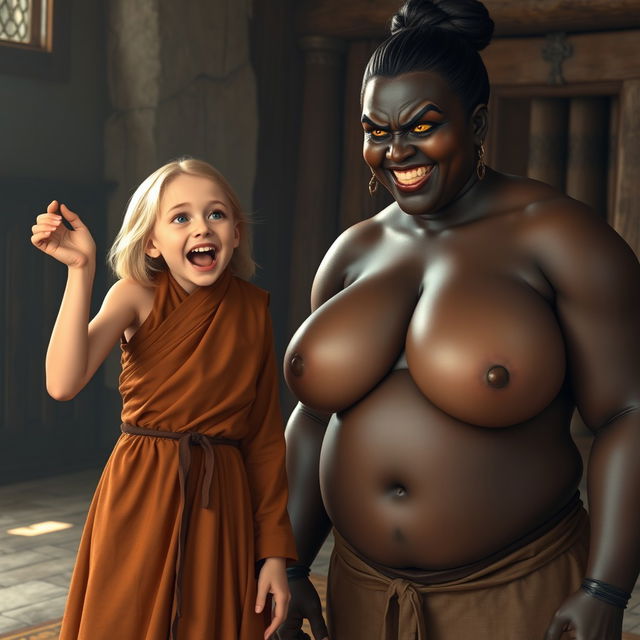 In a medieval room setting, a joyful 19-year-old slender blonde girl with blue eyes and medium-length hair is exuberantly shouting