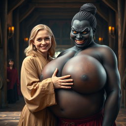 In a medieval hall, a joyful young blonde woman, 19 years old, with blue eyes and medium-length hair, wearing a fully closed elegant long Buddhist robe