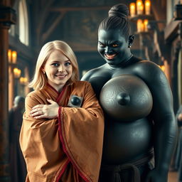 In a medieval hall, a joyful young blonde woman, 19 years old, with blue eyes and medium-length hair, wearing a fully closed elegant long Buddhist robe