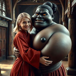 In a medieval hall, a joyful young blonde woman, 19 years old, with blue eyes and medium-length hair, wearing a fully closed elegant long Buddhist robe