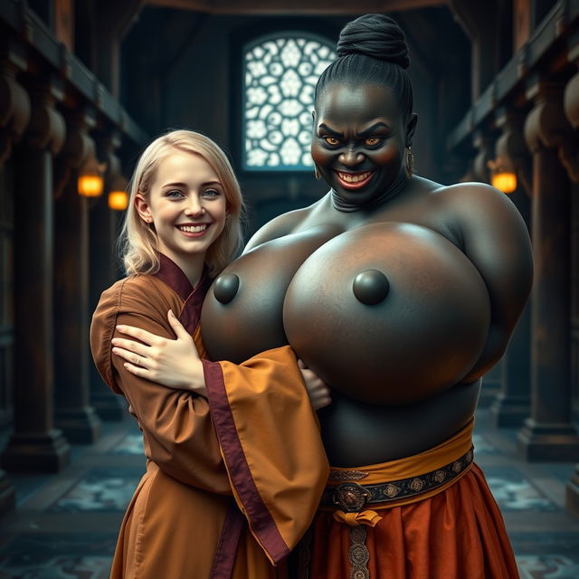 In a medieval hall, a joyful young blonde woman, 19 years old, with blue eyes and medium-length hair, wearing a fully closed elegant long Buddhist robe