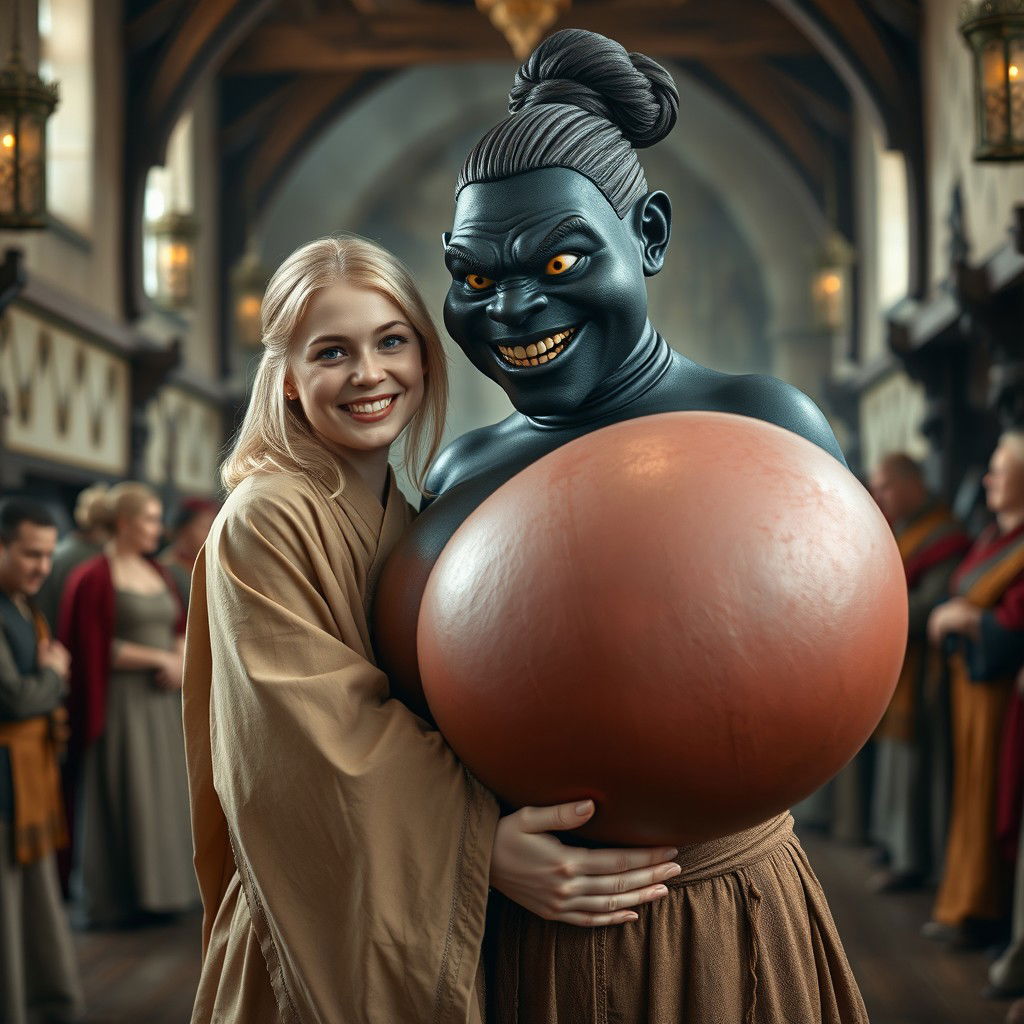 In a medieval hall, a jubilant young blonde woman, 19 years old, with blue eyes and medium-length hair, clad in an entirely closed elegant long Buddhist robe, is exuding happiness