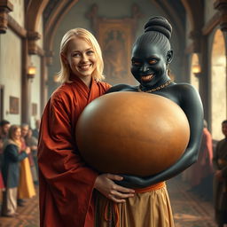 In a medieval hall, a jubilant young blonde woman, 19 years old, with blue eyes and medium-length hair, clad in an entirely closed elegant long Buddhist robe, is exuding happiness