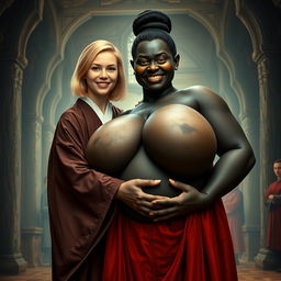 In a medieval hall, a jubilant young blonde woman, 19 years old, with blue eyes and medium-length hair, clad in an entirely closed elegant long Buddhist robe, is exuding happiness