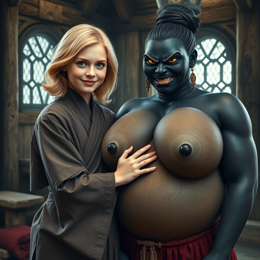 In a medieval room, a jubilant young blonde woman, 19 years old, with blue eyes and medium-length hair, wearing a fully closed elegant long Buddhist robe