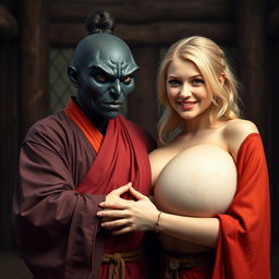 In a medieval room, a jubilant young blonde woman, 19 years old, with blue eyes and medium-length hair, wearing a fully closed elegant long Buddhist robe