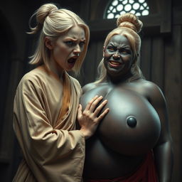 In a medieval room, a slender 19-year-old blonde girl with blue eyes and medium-length hair wearing a long, closed noble Buddhist robe, furrowing her brow and forehead, mouth open in a scream of desperation and irritation