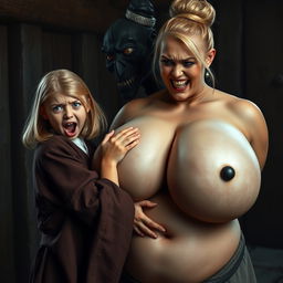 In a medieval room, a slender 19-year-old blonde girl with blue eyes and medium-length hair wearing a long, closed noble Buddhist robe, furrowing her brow and forehead, mouth open in a scream of desperation and irritation