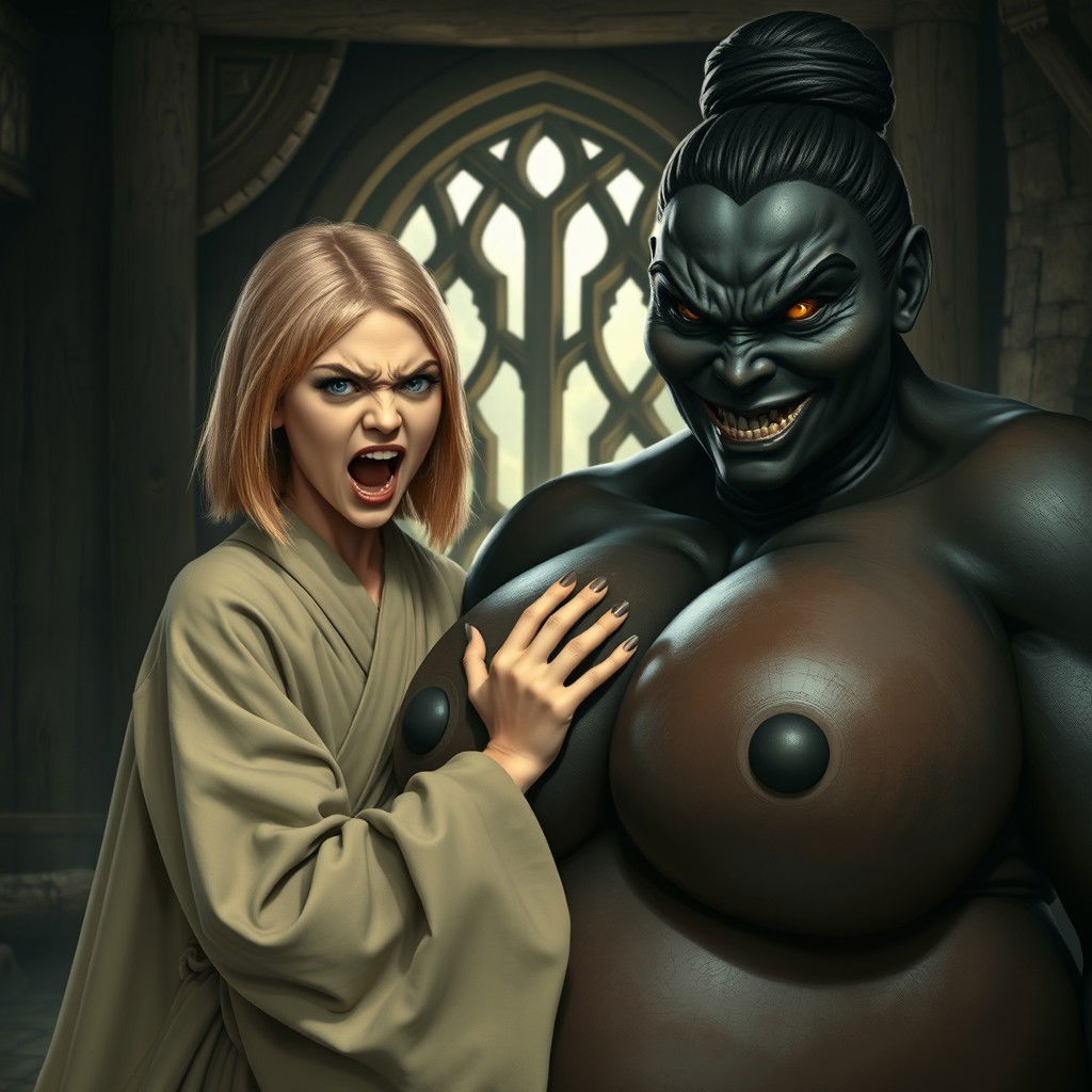 In a medieval room, a slender 19-year-old blonde girl with blue eyes and medium-length hair wearing a long, closed noble Buddhist robe, furrowing her brow and forehead, mouth wide open in a scream of desperation and crazy irritation