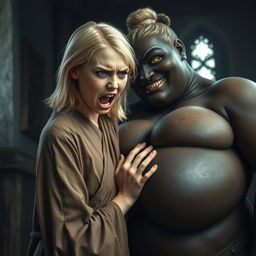 In a medieval room, a slender 19-year-old blonde girl with blue eyes and medium-length hair wearing a long, closed noble Buddhist robe, furrowing her brow and forehead, mouth wide open in a scream of desperation and crazy irritation