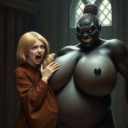 In a medieval room, a slender 19-year-old blonde girl with blue eyes and medium-length hair wearing a long, closed noble Buddhist robe, furrowing her brow and forehead, mouth wide open in a scream of desperation and crazy irritation