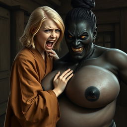 In a medieval room, a slender 19-year-old blonde girl with blue eyes and medium-length hair wearing a long, closed noble Buddhist robe, furrowing her brow and forehead, mouth wide open in a scream of desperation and crazy irritation