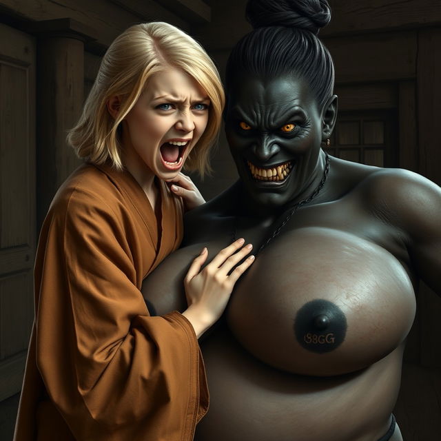 In a medieval room, a slender 19-year-old blonde girl with blue eyes and medium-length hair wearing a long, closed noble Buddhist robe, furrowing her brow and forehead, mouth wide open in a scream of desperation and crazy irritation