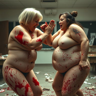 An intense and chaotic scene depicting two heavyweight women, both around 80kg and 47 years old, engaged in a fierce physical fight in a classroom setting