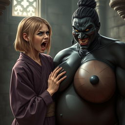 Inside a medieval castle, a slender 19-year-old blonde girl with blue eyes and medium-length hair, wearing a long, closed noble Buddhist robe, furrowing her brow and forehead, opens her mouth wide in a scream, filled with desperation and irritation