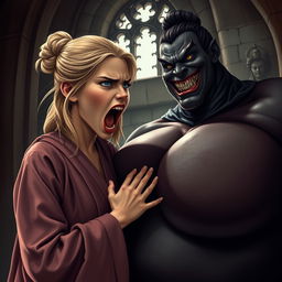 Inside a medieval castle, a slender 19-year-old blonde girl with blue eyes and medium-length hair, wearing a long, closed noble Buddhist robe, furrowing her brow and forehead, opens her mouth wide in a scream, filled with desperation and irritation