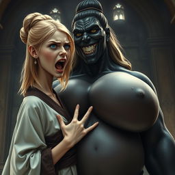 Inside a medieval castle, a slender 19-year-old blonde girl with blue eyes and medium-length hair, wearing a long, closed noble Buddhist robe, furrowing her brow and forehead, opens her mouth wide in a scream, filled with desperation and irritation