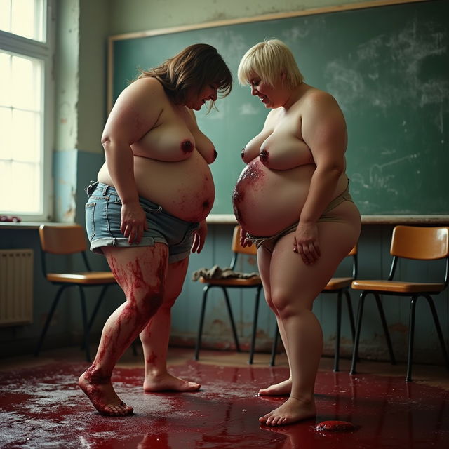 An intense and chaotic scene depicting two heavyweight women, both around 80kg and 47 years old, locked in a fierce physical fight within a classroom