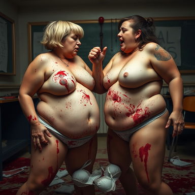 An intense and chaotic scene featuring two heavyweight women, both around 80kg and 47 years old, engaged in a physical fight within a classroom
