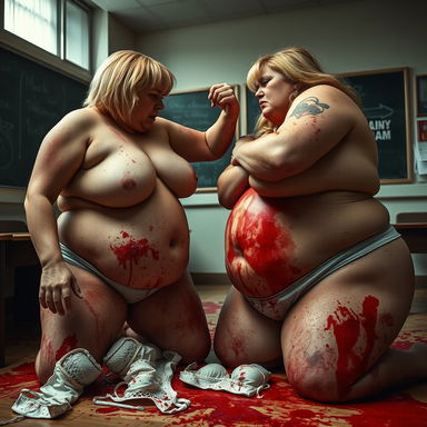 An intense and chaotic scene featuring two heavyweight women, both around 80kg and 47 years old, engaged in a physical fight within a classroom