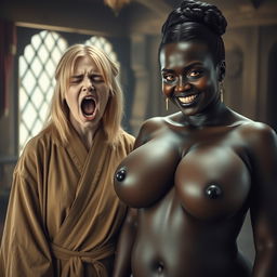 Inside a medieval brothel, a dramatic scene unfolds